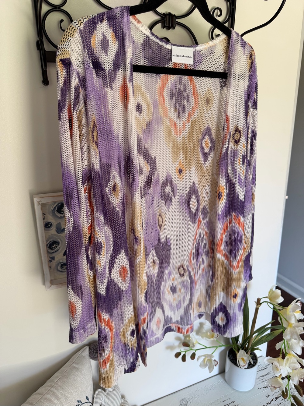 Alfred Dunner Purple and Cream Ikat Open-Front Knit Tunic - Picture 3 of 8